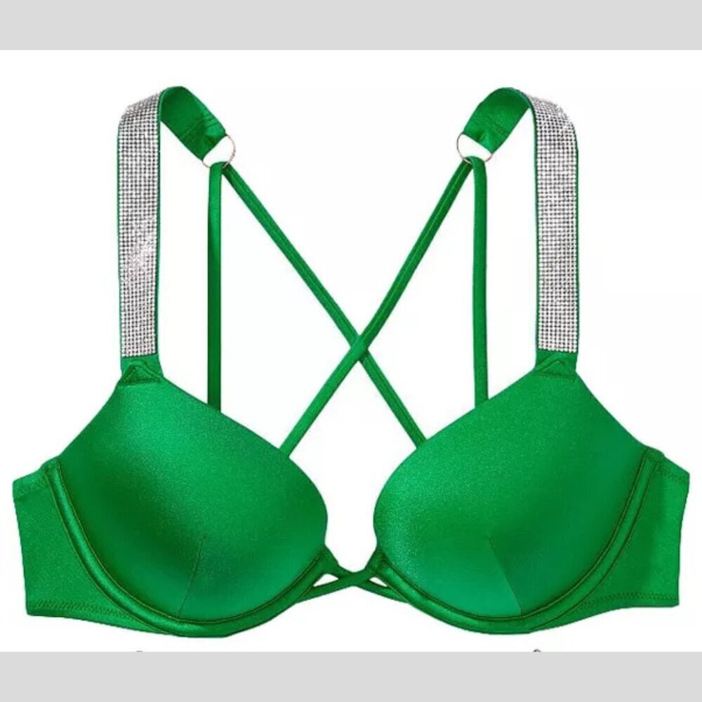 New! Victoria's Secret Bombshell Green Shine Strap Push Up Bikini Top 4595